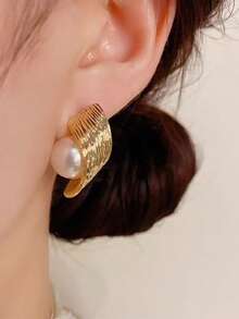 1 par de pendientes de perla envueltos, diseño minimalista único y de moda, accesorios elegantes y versátiles para mujeres - Dorado - Ver 4