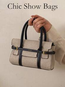 Women's Stylish Color-Blocked Canvas Tote Bag, Large Capacity Retro Patchwork Commuter Handbag - Black - View 10