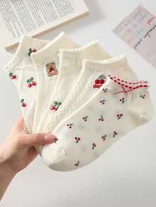 5 Pairs Cherry Pattern Women's White Lace Trim Ankle Socks, Non-Slip Breathable, Suitable For Spring And Summer - White - View 2
