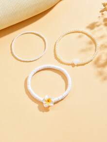 3件套夏季沙滩黄色聚合物粘土花朵珍珠串珠弹力脚链套装，简约时尚女士饰品 - 白色 - 查看 3