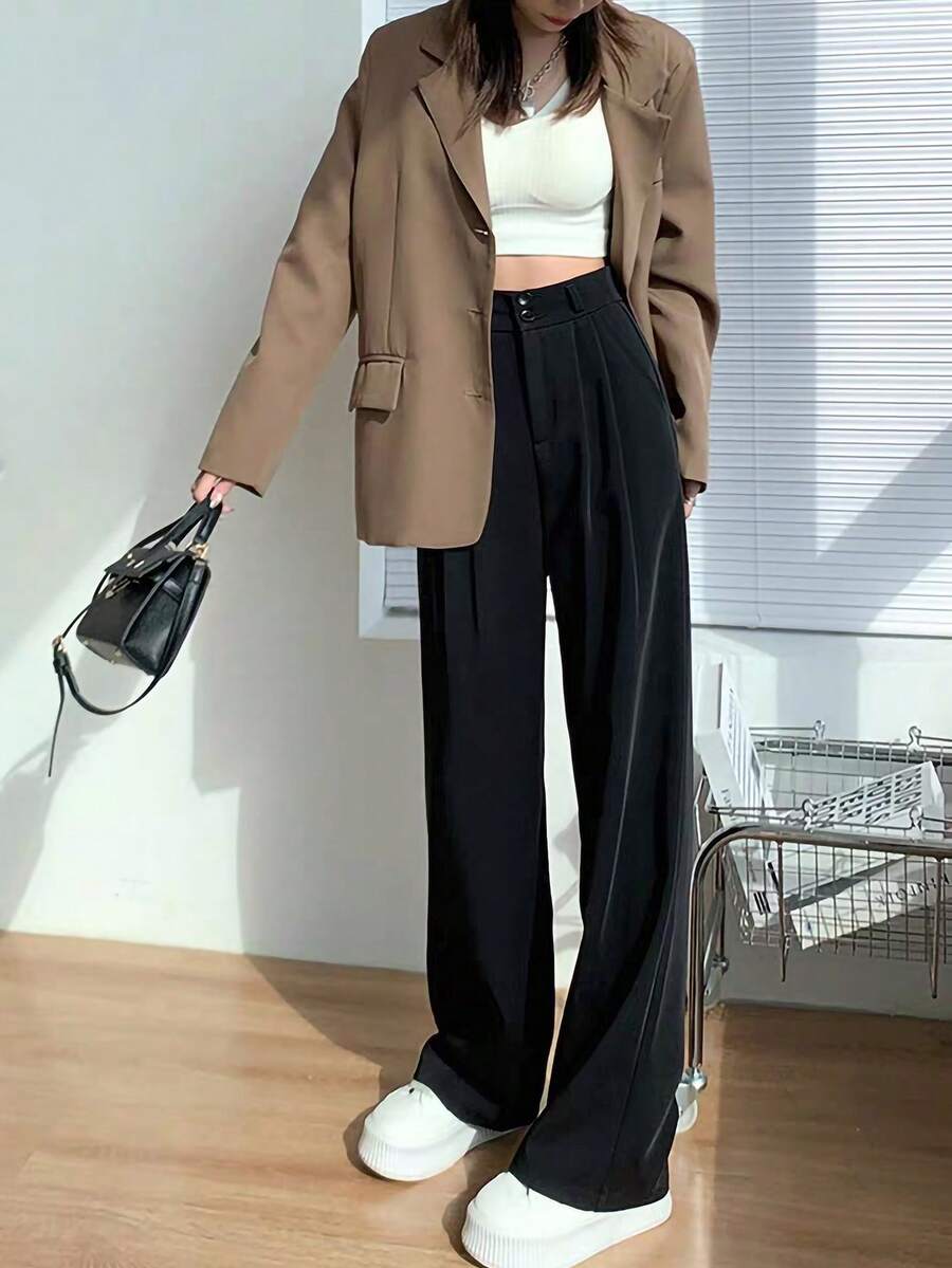 Women's High-Waisted Wide Leg Pants, Slim Fit, Crease-Front, Casual/Office Wear, Spring/Summer - Black - View 1
