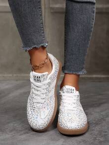 女士休闲百搭亮片装饰运动鞋，时尚吸睛，舒适耐穿，橡胶软底，透气轻便，拼接设计 - 銀色 - 查看 4