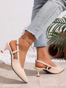 1 đôi sandal cao gót mũi nhọn tối giản màu trơn, thích hợp cho tuổi teen, màu be, khóa cài, đa năng cho cả đi chơi và đi làm. - Màu be - Xem 5