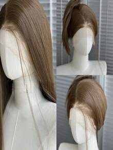 棕色蕾丝前假发，女士款，24英寸长直发，13*4蕾丝，高品质合成蕾丝假发，自然日常佩戴 - 彩色 - 查看 1