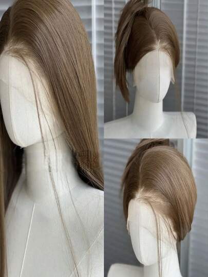 Brown Lace Front Wig For Women 24 Inch Long Straight Bun Head 13*4 Lace Wigs High Quality Synthetic Lace Wigs Natural Daily Use