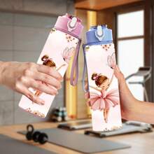 1pc/5pcs 750ml Multi-Color Water Bottle/Cup With Straw. Designed With Butterfly, Cherry Blossom And Ballerina Girl Patterns. Plastic Sports Water Bottle With Flip Cap And Slim Portable Design. Fashionable And Practical. - Pink - View 4