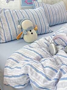 Juego de ropa de cama asimétrica de rayas suave y dulce para estudiantes, 2/3 piezas, funda nórdica y funda de almohada, primavera/verano, cama individual/doble - Azul y blanco - Ver 7