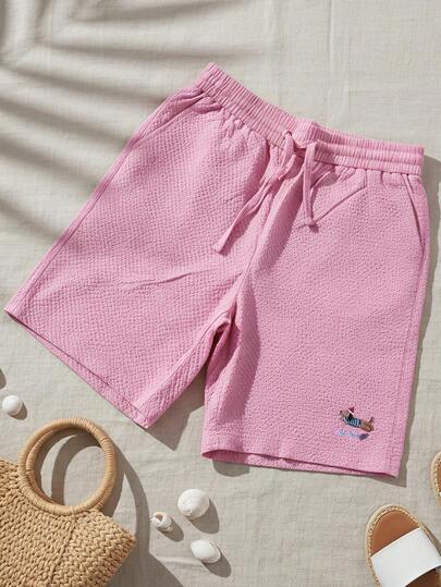 1pc Women's Casual Solid Color Shorts With Small Print Design, Summer