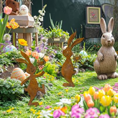 2pcs Rusty Iron Easter Bunny Garden Stakes | Suitable For Outdoor Garden Decor And Holiday Occasions, Iron Material, Ground Mounted