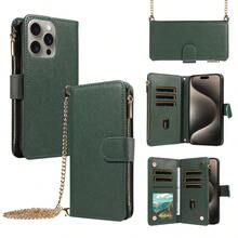 1pc Flip Cover Protective Case Compatible With Apple 17 Pro Max, Wallet Phone Case With Card Slot, Shoulder Strap, Zipper Pocket For Coins, A56 Phone Protective Cover - Dark Green - View 2