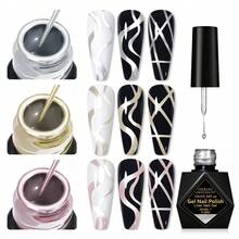 FOUR LILY 10ml Y2K Metallic Line Art Nail Gel Polish Set, Gold & Silver Ultra-Bright Mirror Line Nail Gel, Semi-Permanent Line UV Nail Gel, Suitable For French Manicure, Home DIY Nail Art, Nail Salon, Women's Gift - 銀色 - 查看 4