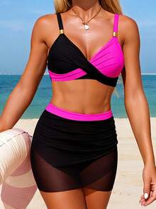 Women's 2 Piece Skirted Swimsuits Contrast Color Bikini Set Summer Two Piece Bathing Suits - Hot Pink - View 4