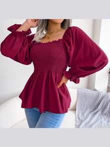Long-Sleeved Chiffon Blouse With Ruffles And Square Neckline | Casual Style, New Spring/Summer Collection - 酒紅色 - 查看 2
