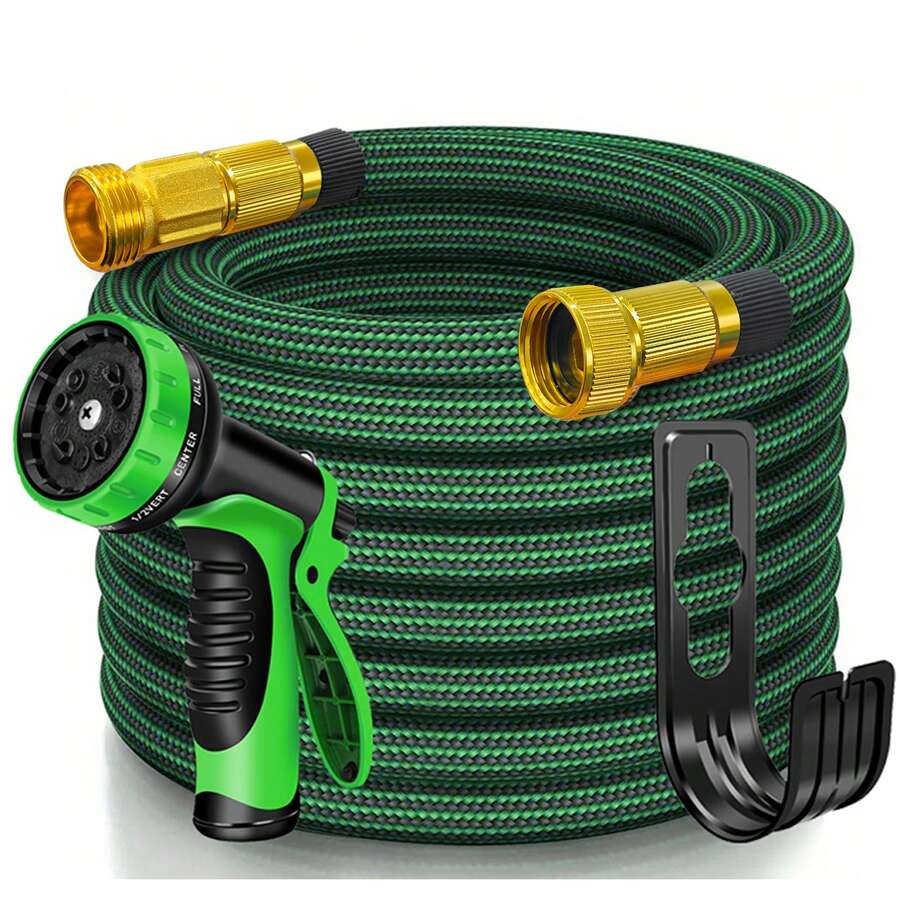 LOVFEN 100ft Heavy-Duty Garden Hose, Non Expandable ,With 3/4" Solid Brass Fittings, Leakproof Design, Durable Rubber Material, US Standard Threads - Perfect For Gardening, Cleaning, Forestry 25FT/50FT/75FT/100FT/150FT KIT - Green - 查看 1