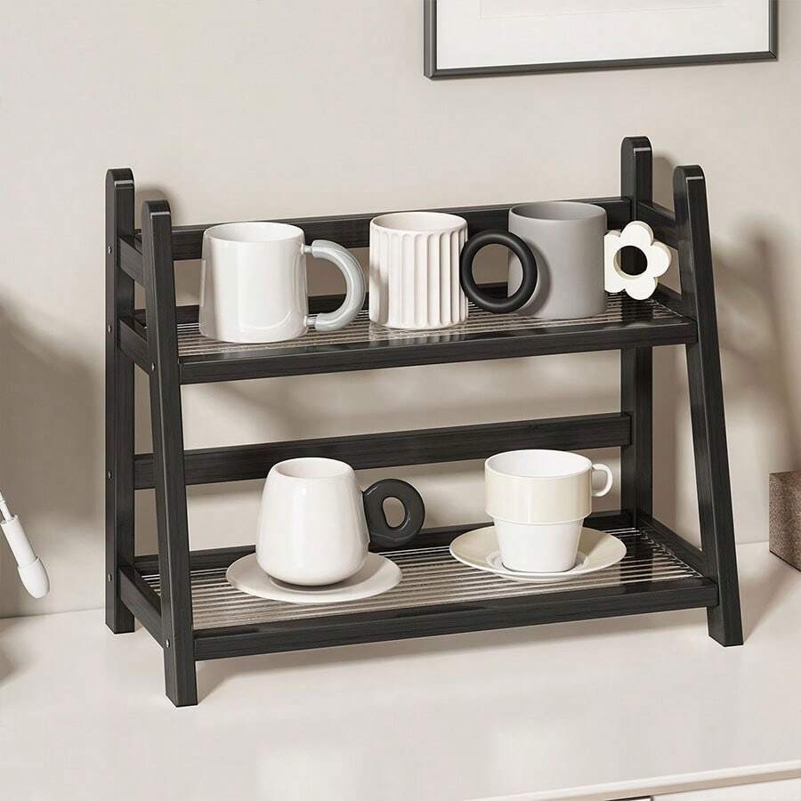 1pc Double-Deck Desktop Storage Rack, Wooden + Acrylic Material, Large Capacity Cup Holder, Multi-Function Dual-Layer Shelf, Spice Rack, Vanity Organizer, Open Storage, Trapezoid Design, Suitable For Living Room, Coffee Corner, Bar, Vanity, Kitchen Counter, Office - View 1