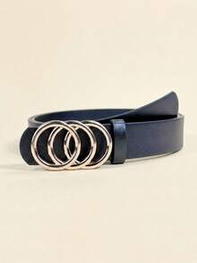 Ladies' Golden Three-Ring Buckle Black Simple Pu Leather Belt For Casual Denim Jeans - Black - View 7