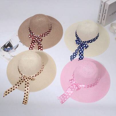 New Summer Women's Polka Dot Hat With Bow And Ribbon, Suitable For Travel And Beach, Wide Brim Sun Protection Hat