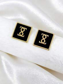 一对黑色水滴墨水字母耳钉，简约金色几何方形无限符号耳环，精致日常、派对、节日珠宝礼物 - 黑色 - 查看 5