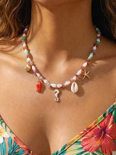 1pc Vacation Style Seahorse, Small Fish, Shell, Starfish, Crushed Stone Necklace, Women's Fashion Summer Jewelry Accessory, Suitable For Street, Party, Beach, And Daily Wear