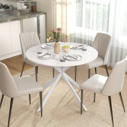 HOMCOM Round Dining Table For 4, 40" Industrial Kitchen Table With Steel Legs For Dining Room, White Oak