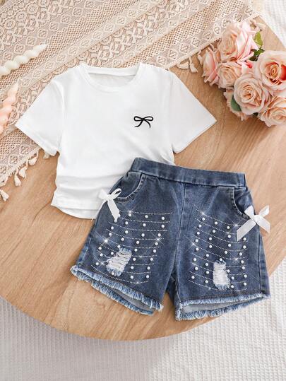 Girls' Summer Sweet & Cool 2-Piece Set: White Bow Embroidered Short Sleeve T-Shirt + Heavily Embellished Denim Shorts, Children Fashionable Casual Outfit