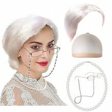 奶奶假发套装，短卷发，爷爷，中年，老年人，素描，奶奶，角色扮演套装，搞笑奶奶服装套装，佩戴假发，帽子，珍珠项链，眼镜，链子，逼真奶奶服装假发 - 彩色 - 查看 11