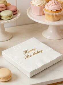 20pcs/Pack. Birthday Napkins. "Happy Birthday" Gold Foil Printed Napkins. 3-Ply Thick Absorbent Paper. Tablecloths. Coasters. Birthday Party Decorations. Disposable Tableware Suitable For Home, Restaurant And Kitchen. Holiday Party Decorations. - Multicolor - View 7