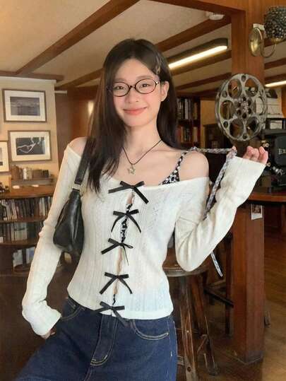 New Spring/Summer Sexy Bowknot Hollow Lace Patchwork Blouse, Stylish Design Slim Fit Long Sleeve Top For Dates