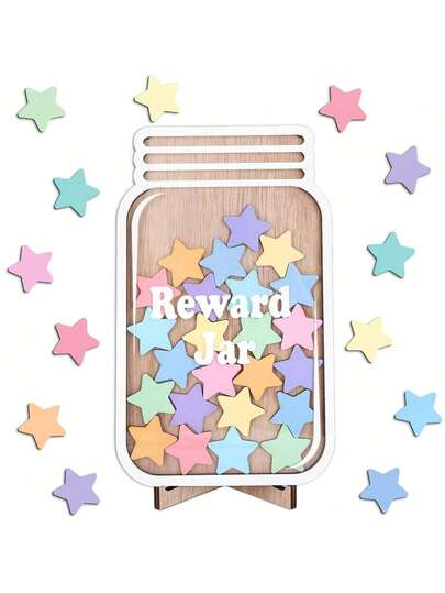 1件婴儿房装饰，儿童星星奖励罐，25颗木制星星装饰，用于奖励学习和自律