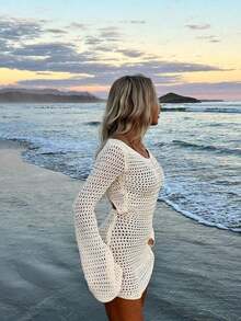 Women's Solid Color Sexy Hollow See-Through Backless Design Long Sleeve Coverup Crop Dress, Suitable For Beach Vacation, Spring/Summer - Milky White - View 6