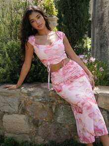 Conjunto de 2 piezas de top corto con cordón y estampado de mármol rosa + falda de largo medio, elegante y romántico conjunto de vestir de verano para usar en resort - Rosa - Ver 2