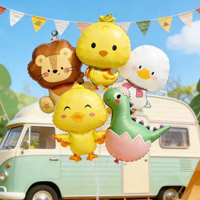 Jungle Animal Balloon Party Decoration Set, Includes Duckling, Lion, Chick, Dinosaur Shapes, Paired With White Ribbons, Colorful, Suitable For Birthday Party, Baby Shower, Photography Props
