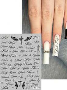 2 piezas Pegatinas de uñas con alas de ángel, cruz y estrella en estilo gótico y caligrafía inglesa oblicua, decoraciones de arte de uñas con estilo Y2K - Negro - Ver 3