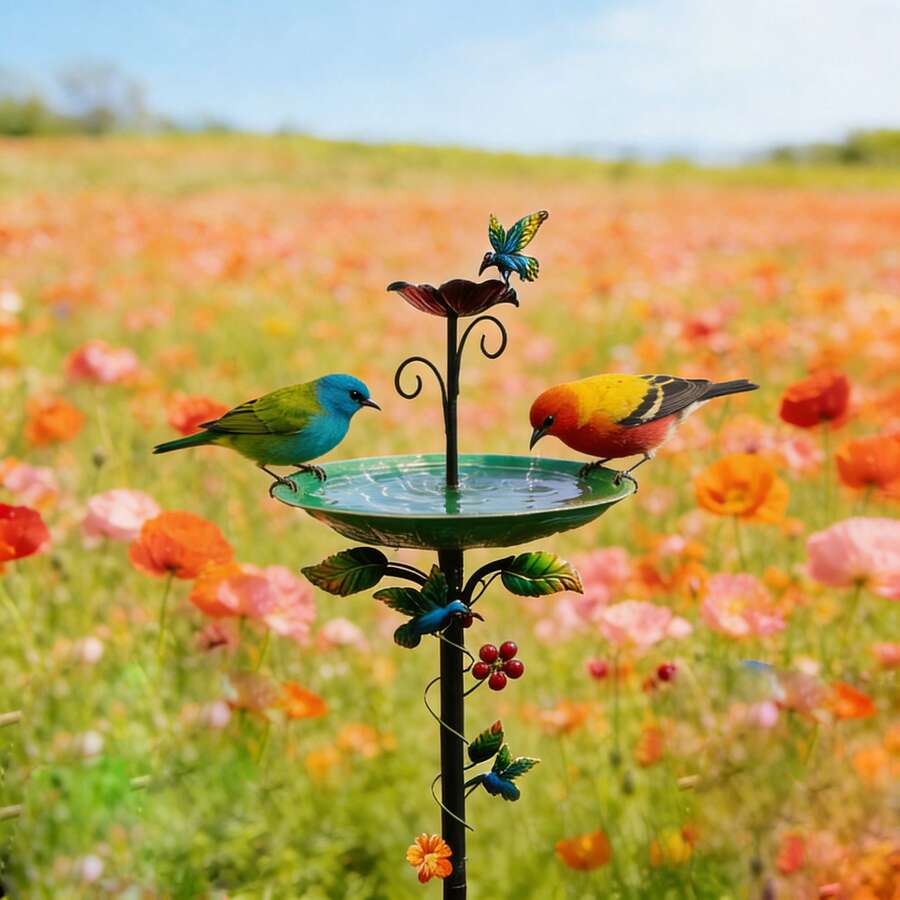 1 pieza Baño de pájaros y comedero de hierro multifunción - Decoración de estaca de jardín duradera | Plato versátil para pájaros y ornamento de patio | Estaca perfecta para el jardín y el césped, regalo ideal para amantes de las aves - TY-TK888 - Ver 1