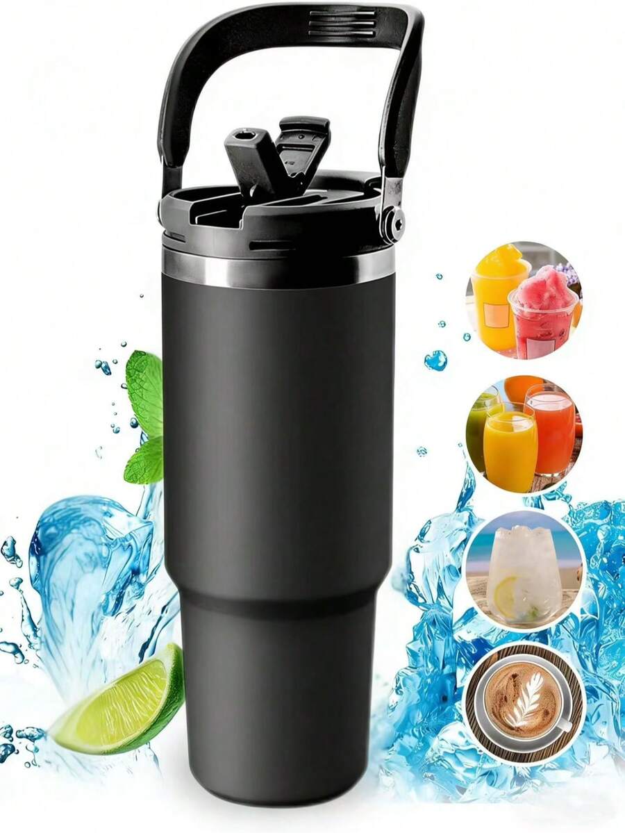 1个30盎司不锈钢玻璃杯，带盖和把手 - 双层隔热，保温/保冷，防漏，真空隔热，大容量，适合户外使用 - 彩色 - 查看 1