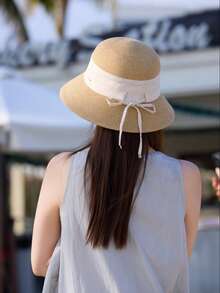 1顶女士波点缎带拼接宽檐编织草帽，法式优雅高端圆顶渔夫帽，适合春夏户外休闲，日常佩戴百搭。 - A - 查看 7