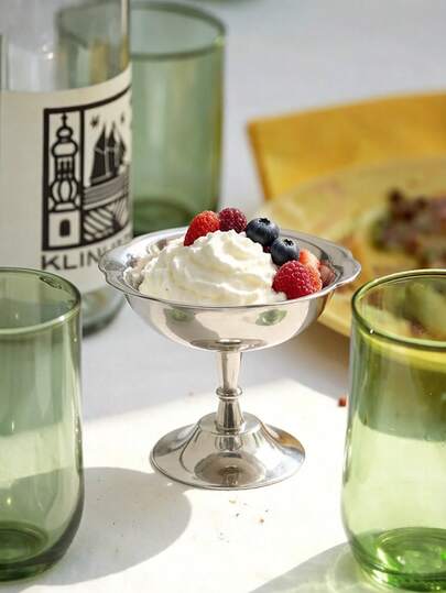 1个不锈钢冰淇淋杯，银色花形奶油容器，甜点杯，高脚杯和水果盘，适合派对和婚礼