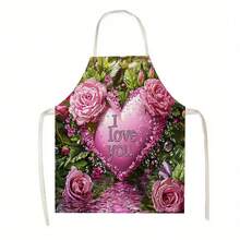 1pc Pink Heart And Rose Pattern Kitchen Apron, Suitable For Kitchen, Living Room, Dining Room, Hotel, Outdoor Barbecue And Other Scenarios, Made Of 100% Polyester, Machine - Washable, Large - Sized - Multicolor - View 1