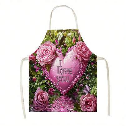 1件粉色爱心玫瑰图案厨房围裙，适用于厨房、客厅、餐厅、酒店、户外烧烤等多种场合，100%涤纶材质，可机洗，大号
