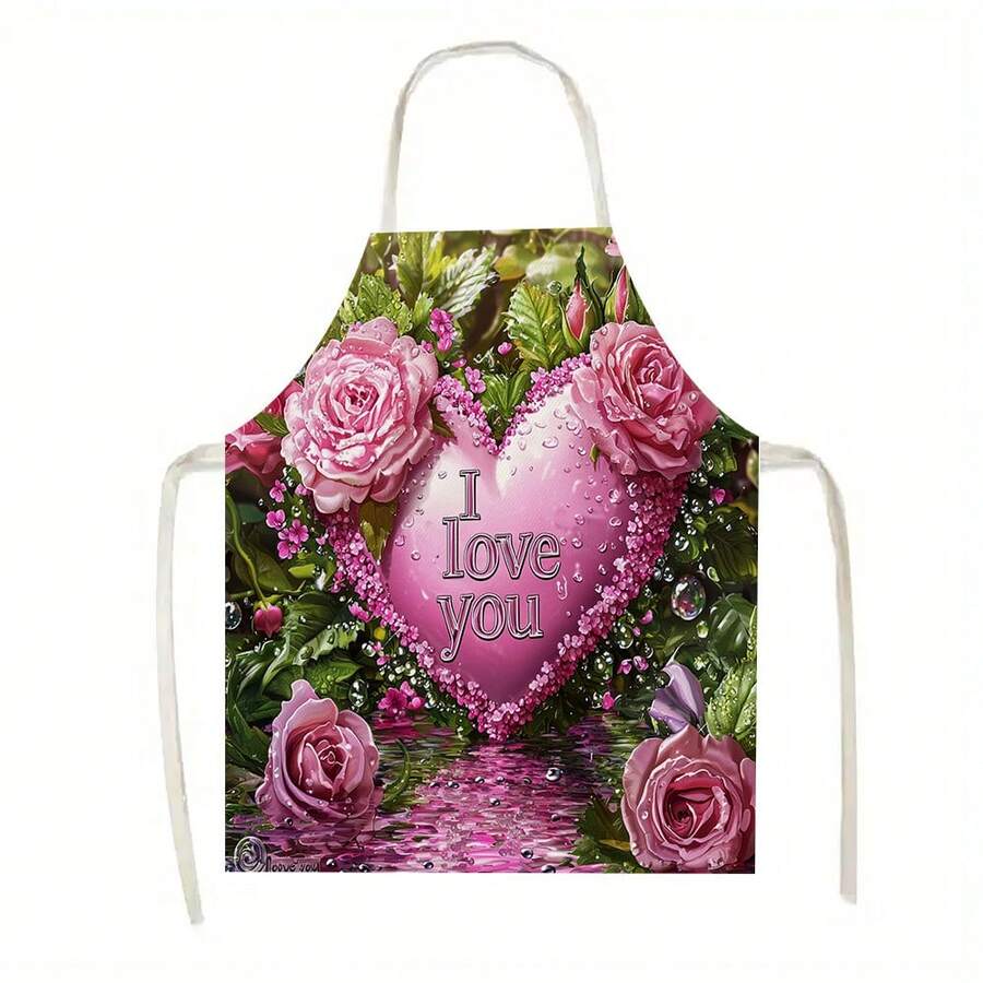 1pc Pink Heart And Rose Pattern Kitchen Apron, Suitable For Kitchen, Living Room, Dining Room, Hotel, Outdoor Barbecue And Other Scenarios, Made Of 100% Polyester, Machine - Washable, Large - Sized - Multicolor - View 1