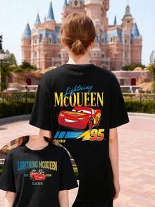 Women's Casual Lightning McQueen Disney Cars Print T-Shirt, Short Sleeve Round Neck Cotton Tee, Regular Fit Summer Top - Black - View 1