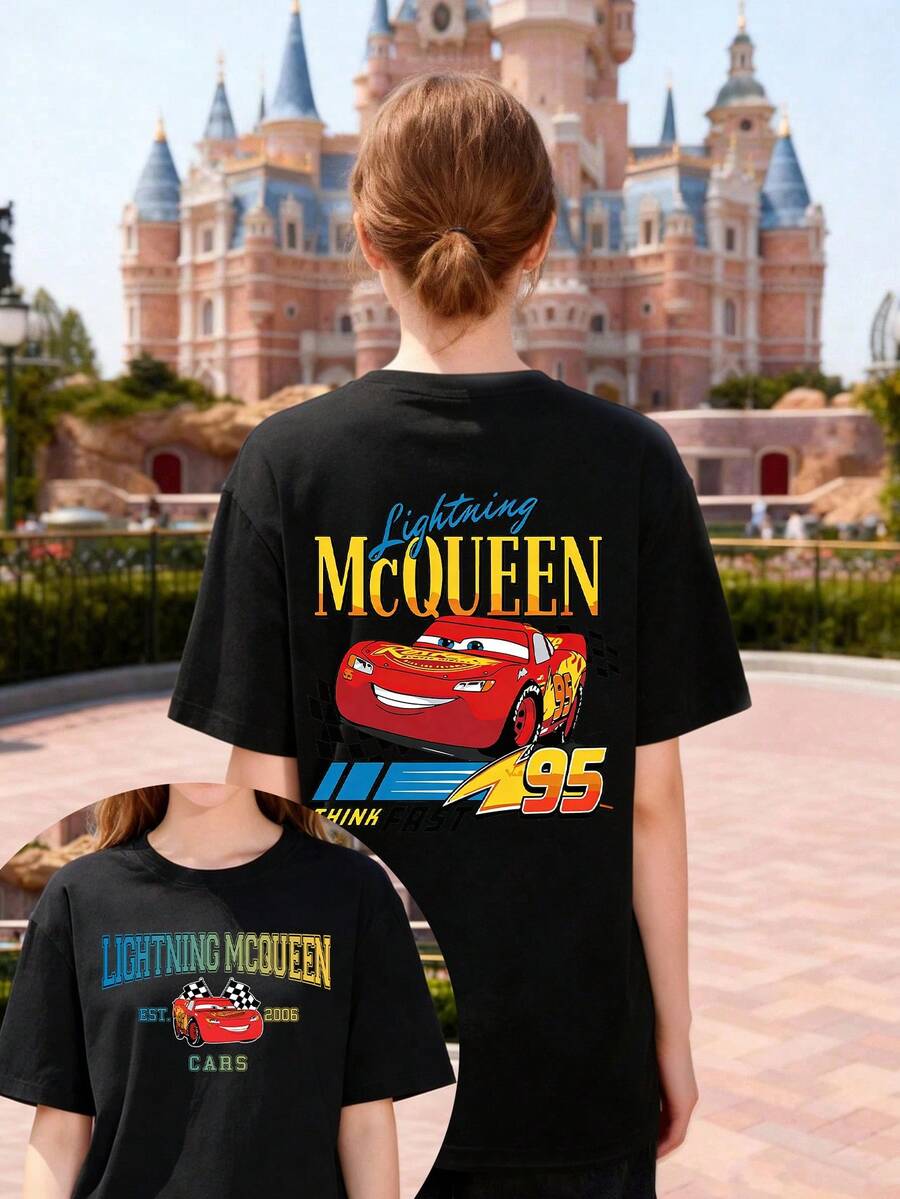 Women's Casual Lightning McQueen Disney Cars Print T-Shirt, Short Sleeve Round Neck Cotton Tee, Regular Fit Summer Top - Black - View 1
