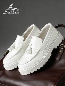 Salkin 简约设计师男士乐福鞋，便捷的套脚休闲鞋，厚底增高鞋，亮白色皮革，柔软纯色正装鞋，现代生活平价奢华之选，柔软舒适的圆头正式皮鞋，优雅绅士商务橡胶底日常步行鞋，适合情侣、外出、公园、派对、婚礼等场合，时尚新郎鞋，社交场合礼品，四季皆宜。尺码偏小，建议选购大一码。 - 白色 - 查看 8