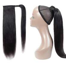 Straigh Ponytail Extensions Human Hair With Clip In Magic Paste Invisible Ponytails Wrap Around Straight Natural Black For Woman - Natural Black - View 4