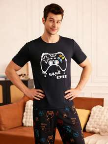 Bộ đồ ngủ mùa hè dành cho nam, kiểu dáng thường ngày, gồm áo thun ngắn tay cổ tròn in họa tiết và quần dài. - Nhiều màu - Xem 1