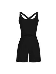 Women's Summer Romper Halter Sleeveless Running On-Esie Athletic Padded Bras One Piece Outfits Exercise Jumpsuits - Black - View 3