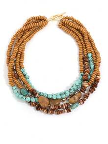 Bohemian Style Multi-Layer Beaded Necklace, Malachite Brown Vintage Faux Turquoise Wood Inlay Vacation Style Choker Necklace - Multicolor - View 2