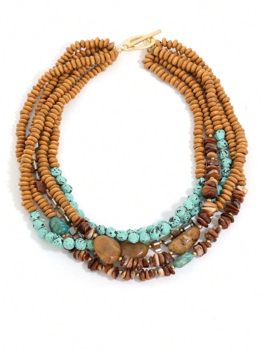 Bohemian Style Multi-Layer Beaded Necklace, Malachite Brown Vintage Faux Turquoise Wood Inlay Vacation Style Choker Necklace
