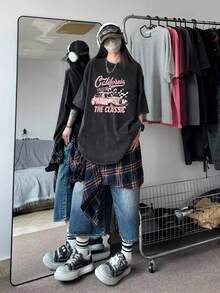 复古水洗重磅印花圆领宽松T恤，复古休闲男女通用街头情侣上衣，韩版黑色夏季 - 黑色 - 查看 4