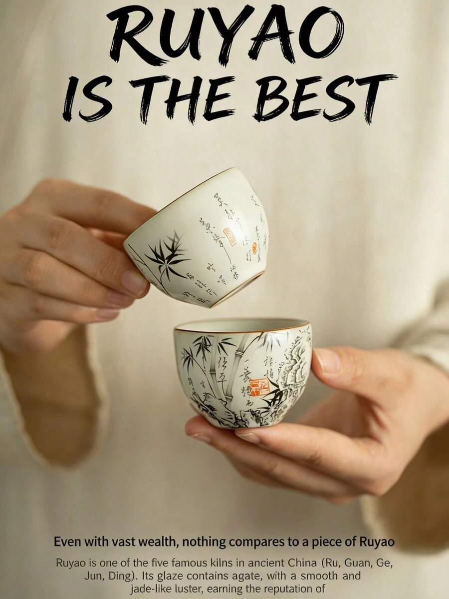 4件套汝窑墨竹纹裂纹釉陶瓷茶杯功夫茶具个人品鉴杯招待客人茶杯家庭办公室茶道用品 - 單色 - 查看 1